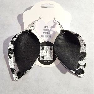 Cow, Black 2-Layered Faux Leather Earrings 2.5"